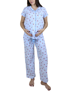 JoJo Maman Bébé Cherry Stripe Button Down Long Maternity Pyjama Set, Light Blue, Light Blue