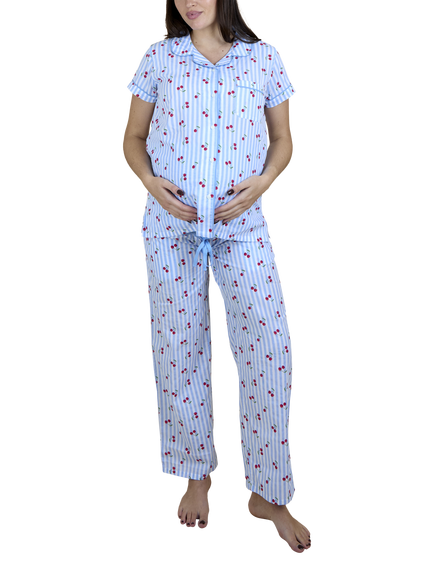 JoJo Maman Bébé Cherry Stripe Button Down Long Maternity Pyjama Set, Light Blue, Light Blue