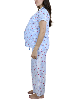 JoJo Maman Bébé Cherry Stripe Button Down Long Maternity Pyjama Set, Light Blue - view 2, Light Blue