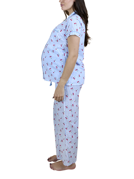 JoJo Maman Bébé Cherry Stripe Button Down Long Maternity Pyjama Set, Light Blue - view 2, Light Blue