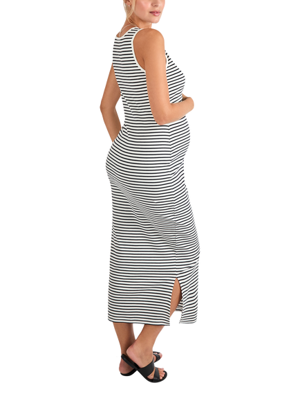 JoJo Maman Bébé Stripe Ribbed Maternity & Nursing Dress, Black/Cream - view 2, Black/Cream