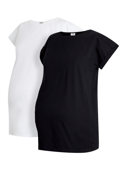 JoJo Maman Bébé Round Neck Maternity T-Shirts, Pack of 2, Black/White, Black/White