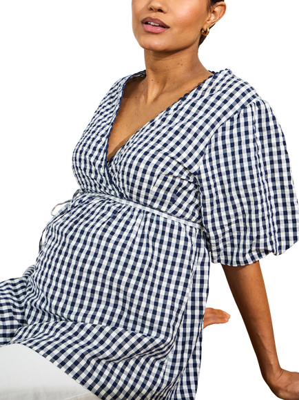 JoJo Maman Bébé Gingham Wrap Maternity Top, Navy Blue - view 2, Navy Blue