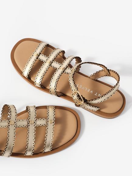 Mint Velvet Nicola Scallop Trim Leather Gladiator Sandals - view 2, Gold