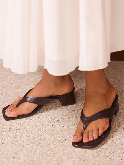 Mint Velvet Millie Leather Block Heel Flip Flops, Brown - view 2, Brown
