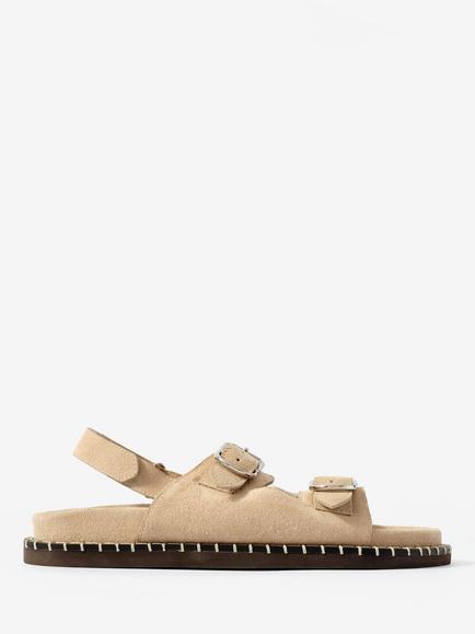 Mint Velvet Aria Suede Double Buckle Footbed Sandals, Natural, Natural