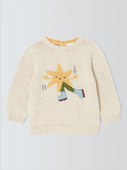 John Lewis Baby Cotton Skating Star Jumper, Cream, Cream