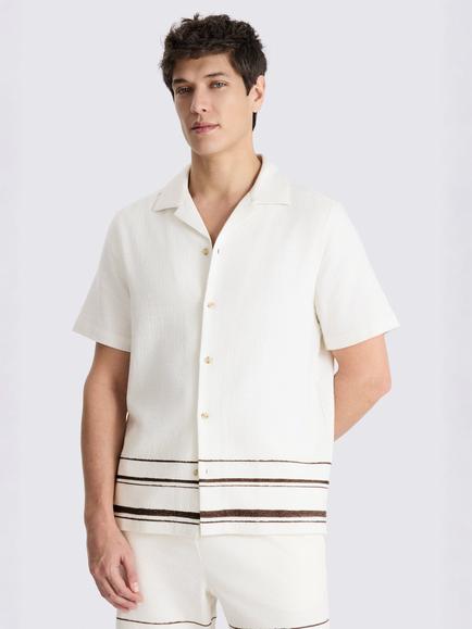 Moss Cuban Collar Stripe Cotton Shirt, White/Brown