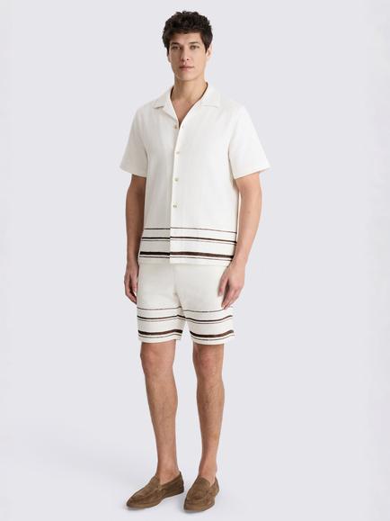 Moss Cuban Collar Stripe Cotton Shirt - view 2, White/Brown
