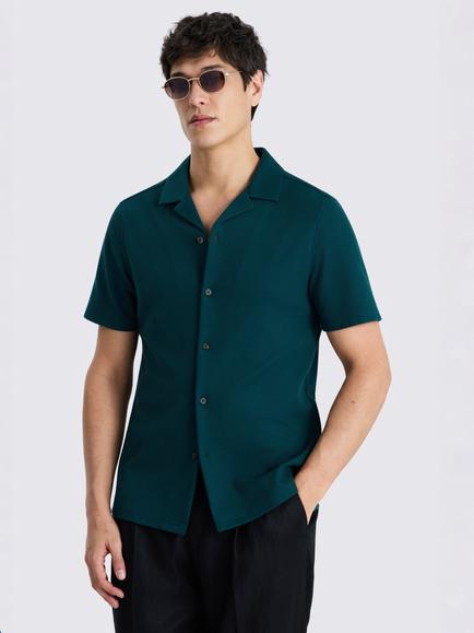 Moss Cotton Blend Knitted Cuban Collar Shirt, Emerald Green