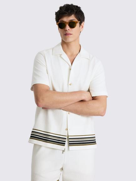 Moss Stripe Cotton Cuban Collar Shirt, Cream/Navy/Khaki, Cream/Navy/Khaki