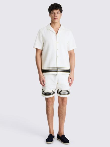 Moss Stripe Cotton Cuban Collar Shirt, Cream/Navy/Khaki - view 2, Cream/Navy/Khaki