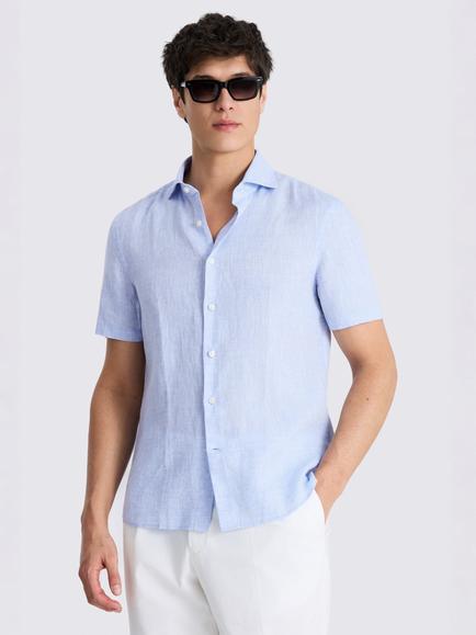 Moss Short Sleeve Regular Fit Linen Shirt, Sky Blue