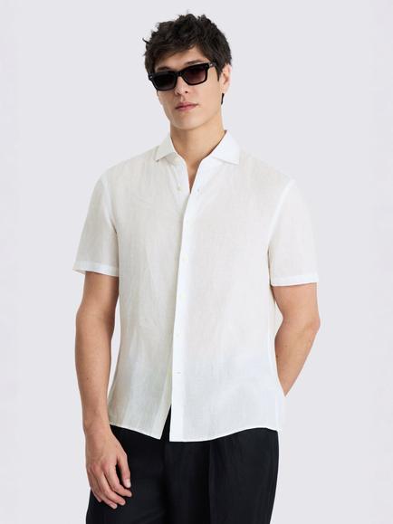 Moss Short Sleeve Regular Fit Linen Shirt, White