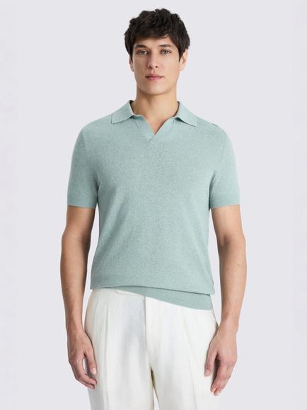 Moss Linen Blend Skipper Polo Shirt, Aqua Blue