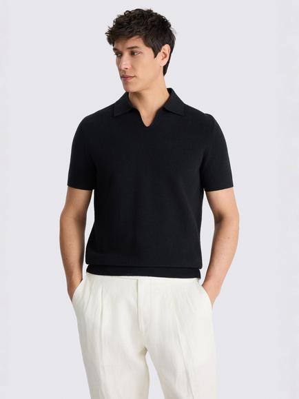 Moss Linen Blend Milano Skipper Polo Shirt, Black