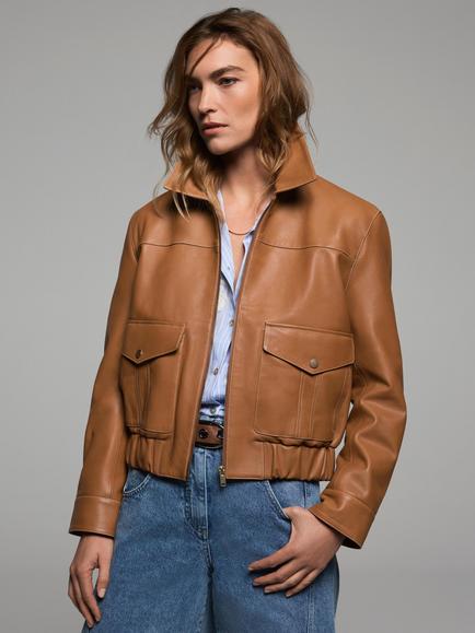 Mint Velvet Collared Leather Bomber Jacket, Brown Tan, Brown Tan