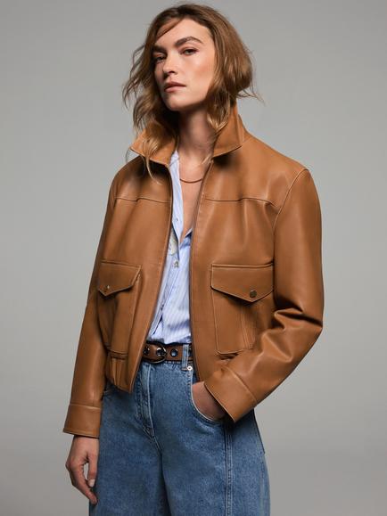 Mint Velvet Collared Leather Bomber Jacket, Brown Tan - view 2, Brown Tan
