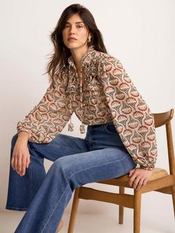 Mint Velvet Ruffle Bib Floral Top, Brown/Multi, Brown/Multi
