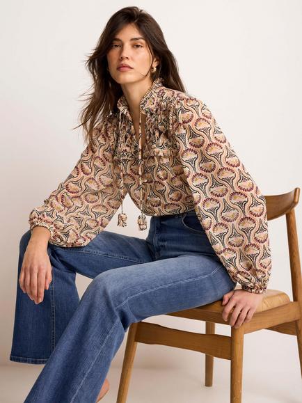 Mint Velvet Ruffle Bib Floral Top, Brown/Multi, Brown/Multi