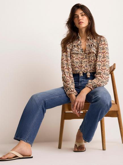 Mint Velvet Ruffle Bib Floral Top, Brown/Multi - view 2, Brown/Multi