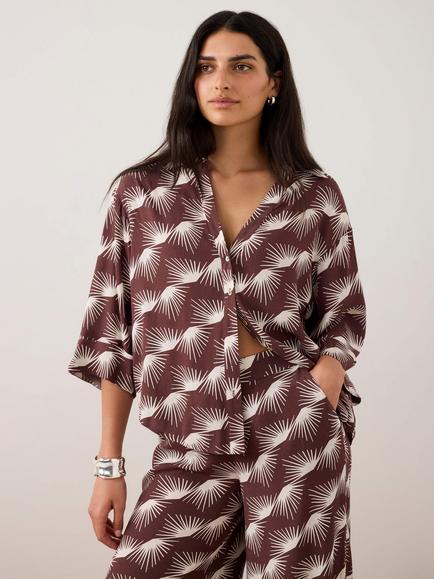 Mint Velvet V-Neck Graphic Print Shirt, Red Burgundy, Red Burgundy