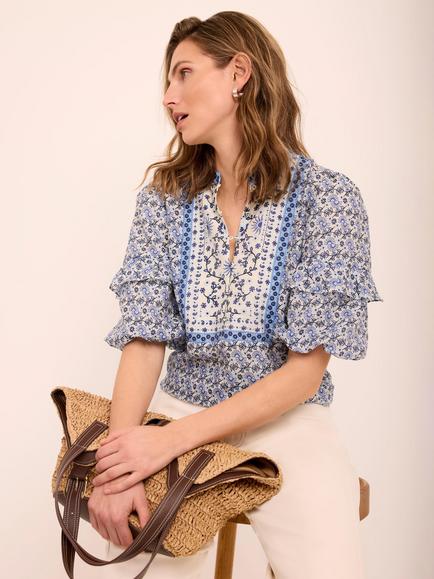Mint Velvet Floral Ruffle Sleeve Blouse, Blue/Multi - view 2, Blue/Multi