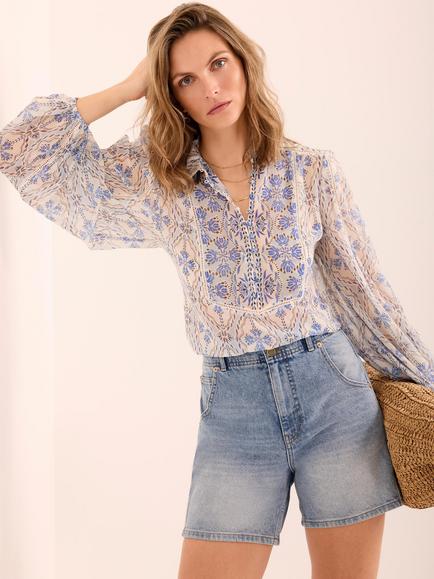 Mint Velvet High Neck Geometric Top, Blue/Multi, Blue/Multi