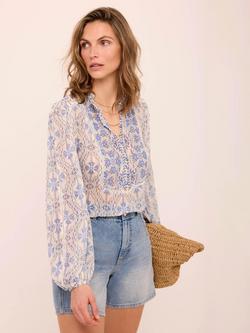 Mint Velvet High Neck Geometric Top, Blue/Multi - view 2, Blue/Multi
