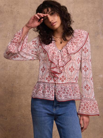 Mint Velvet Geometric Ruffle Blouse, Pink Light - view 2, Pink Light