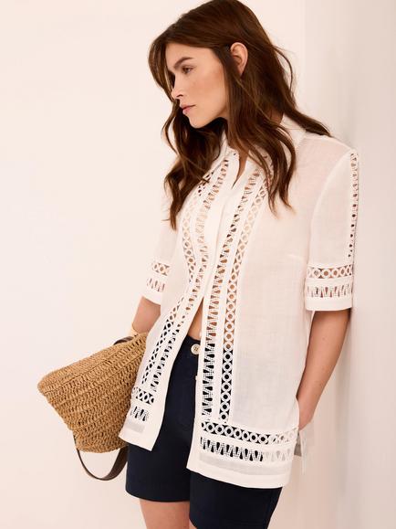 Mint Velvet Open Stitch Trim Resort Shirt, White Ivory - view 2, White Ivory