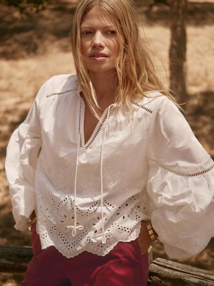 Mint Velvet Cotton Broderie Blouse, White Ivory - view 2, White Ivory