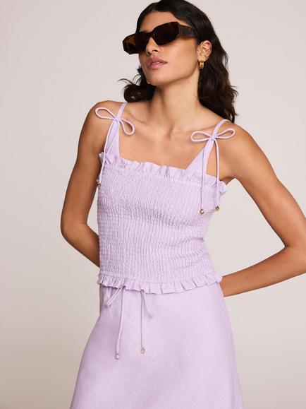Mint Velvet Shirred Pure Linen Crop Top, Purple Lilac - view 2, Purple Lilac