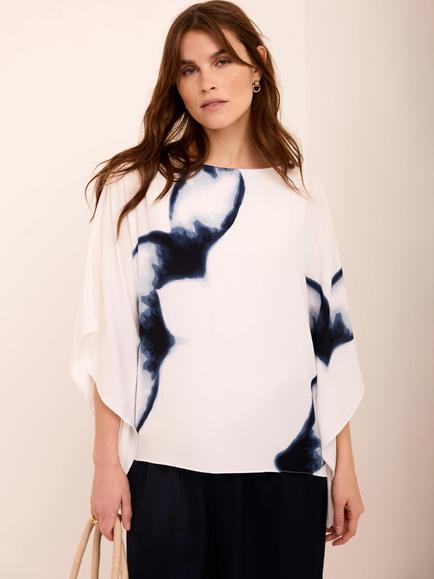 Mint Velvet Layered Floral Batwing Top, Navy Blue/White, Navy Blue/White