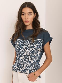 Mint Velvet Crew Neck Floral Panel Top, Navy/Multi, Navy/Multi