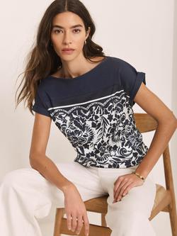 Mint Velvet Crew Neck Floral Panel Top, Navy/Multi - view 2, Navy/Multi