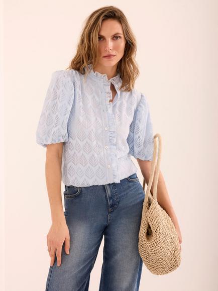 Mint Velvet Jacquard Ruffle Blouse, Blue, Blue