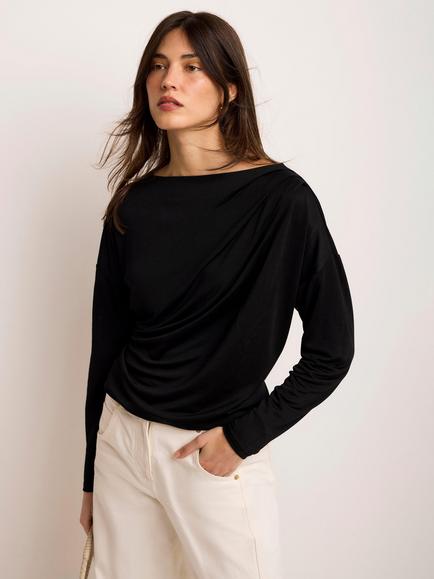 Mint Velvet Ruched Batwing Top, Black, Black