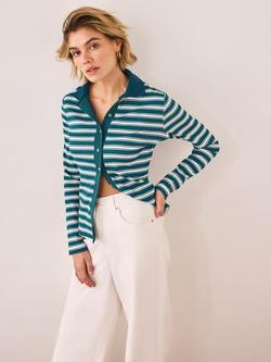 Mint Velvet Stripe Long Sleeve Polo Shirt, Green/Multi, Green/Multi