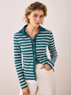 Mint Velvet Stripe Long Sleeve Polo Shirt, Green/Multi - view 2, Green/Multi