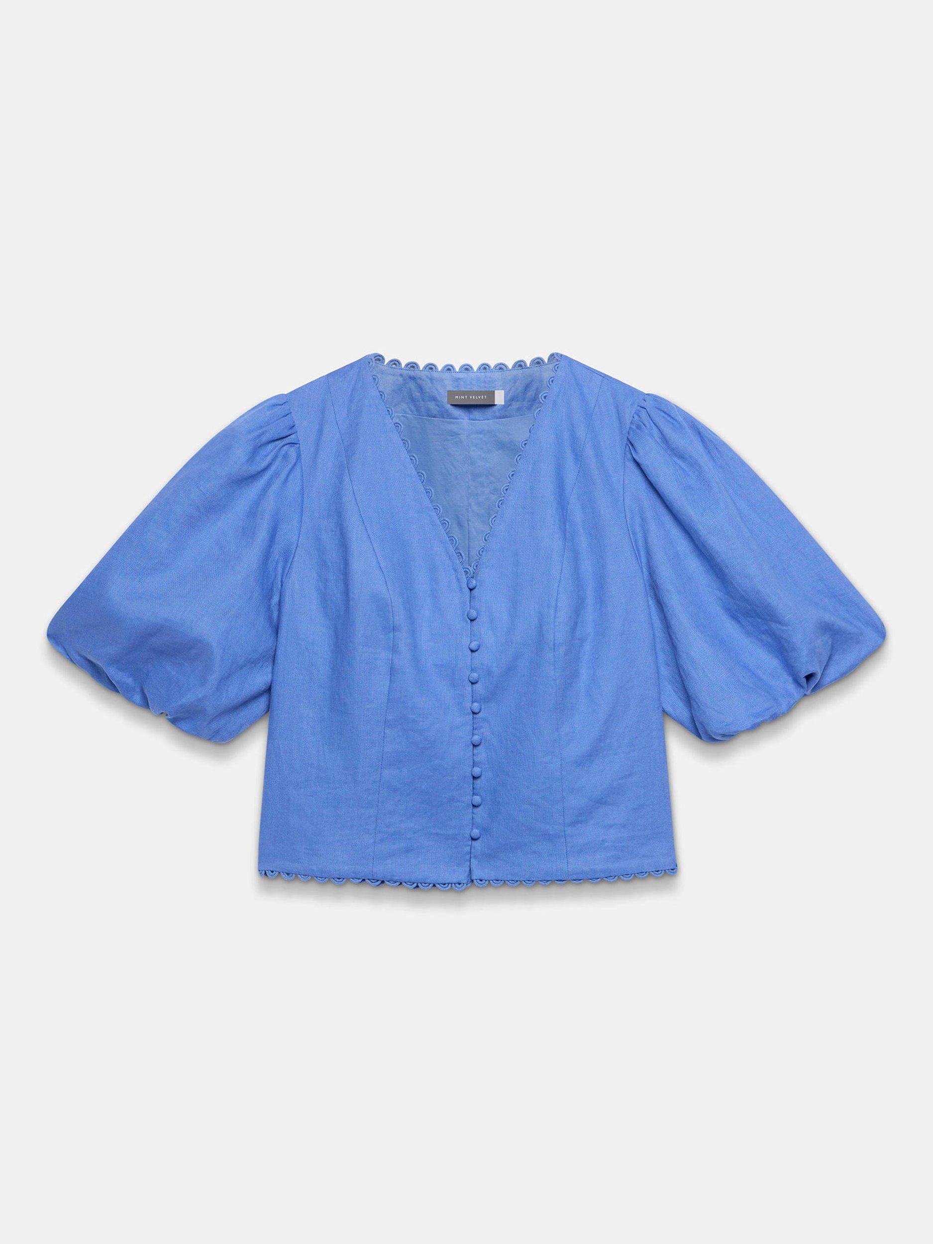 Mint Velvet Puff Sleeve Pure Linen Top, Blue
