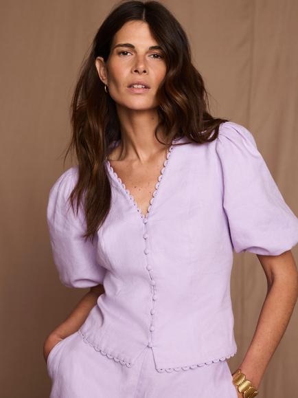 Mint Velvet Puff Sleeve Pure Linen Top - view 2, Purple Lilac