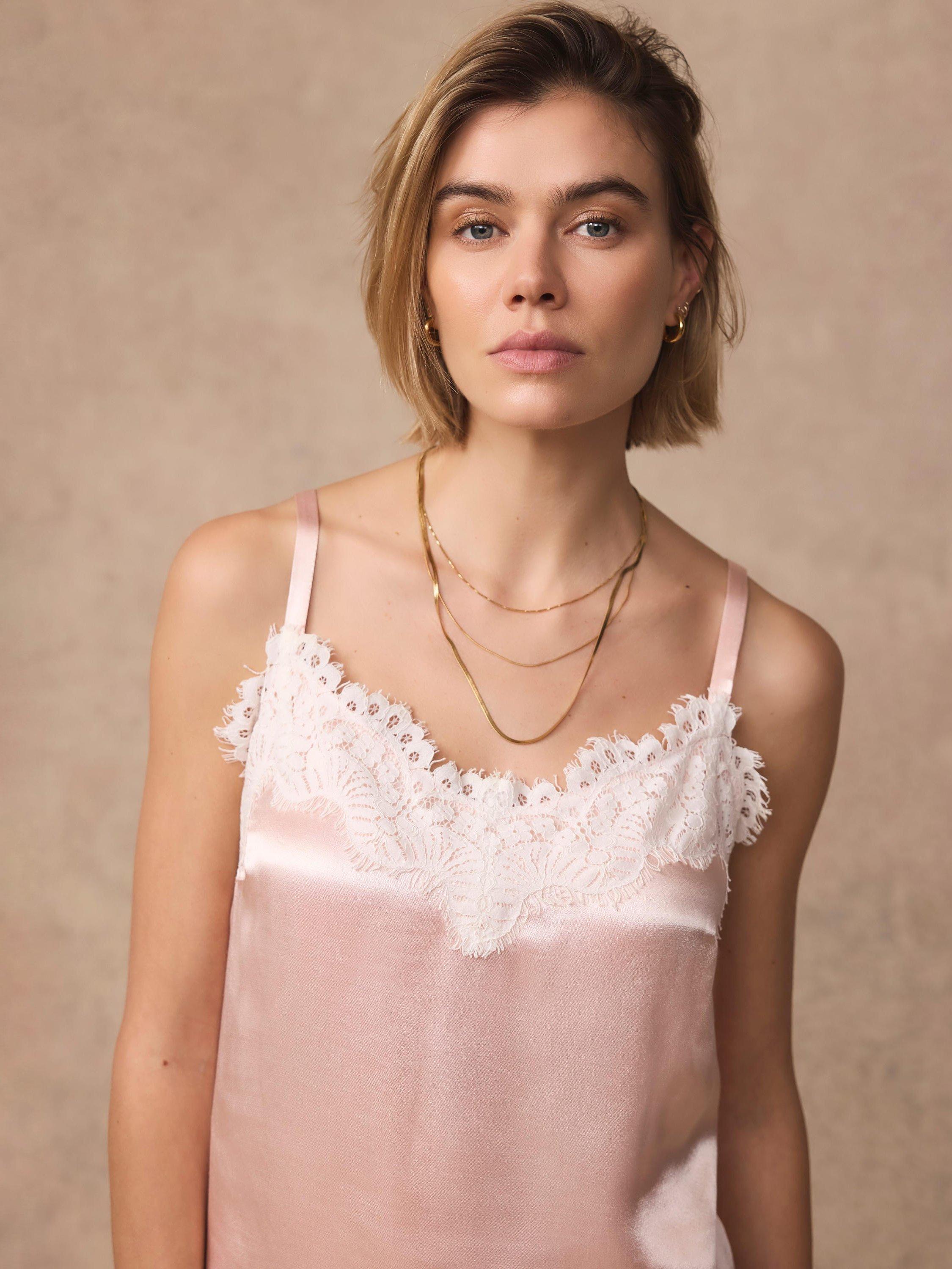 Mint Velvet Lace Trim Satin Camisole Top, Light Pink