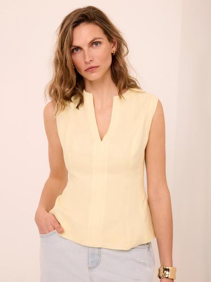 Mint Velvet Peplum Hem Pure Linen Top, Yellow, Yellow