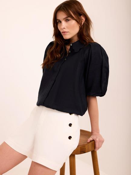 Mint Velvet Scallop Trim Puff Sleeve Shirt, Blue Navy