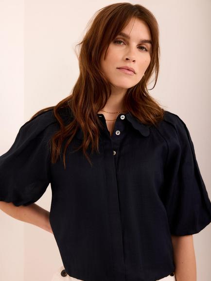 Mint Velvet Scallop Trim Puff Sleeve Shirt - view 2, Blue Navy