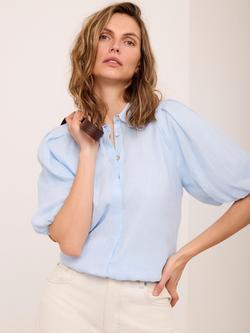 Mint Velvet Scallop Trim Puff Sleeve Shirt, Blue/Multi