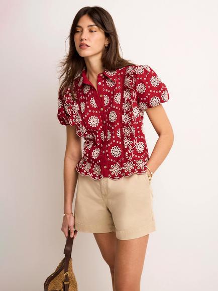 Mint Velvet Broderie Anglaise Ruffle Trim Shirt, Red Multi Red - view 2, Red Multi Red