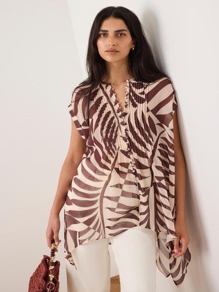 Mint Velvet Leaf Print Sheer Tunic Top, Red/Multi, Red/Multi