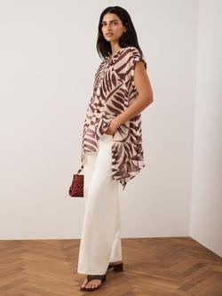 Mint Velvet Leaf Print Sheer Tunic Top, Red/Multi - view 2, Red/Multi